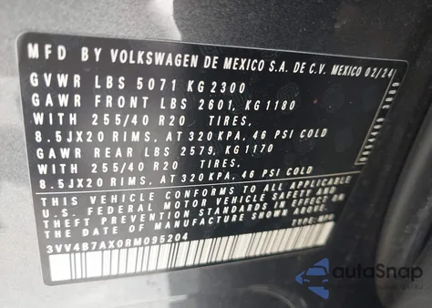 2024 Volkswagen Tiguan 2.0T Sel R-Line z USA, uszkodzony, nr VIN 3VV4B7AX0RM095204